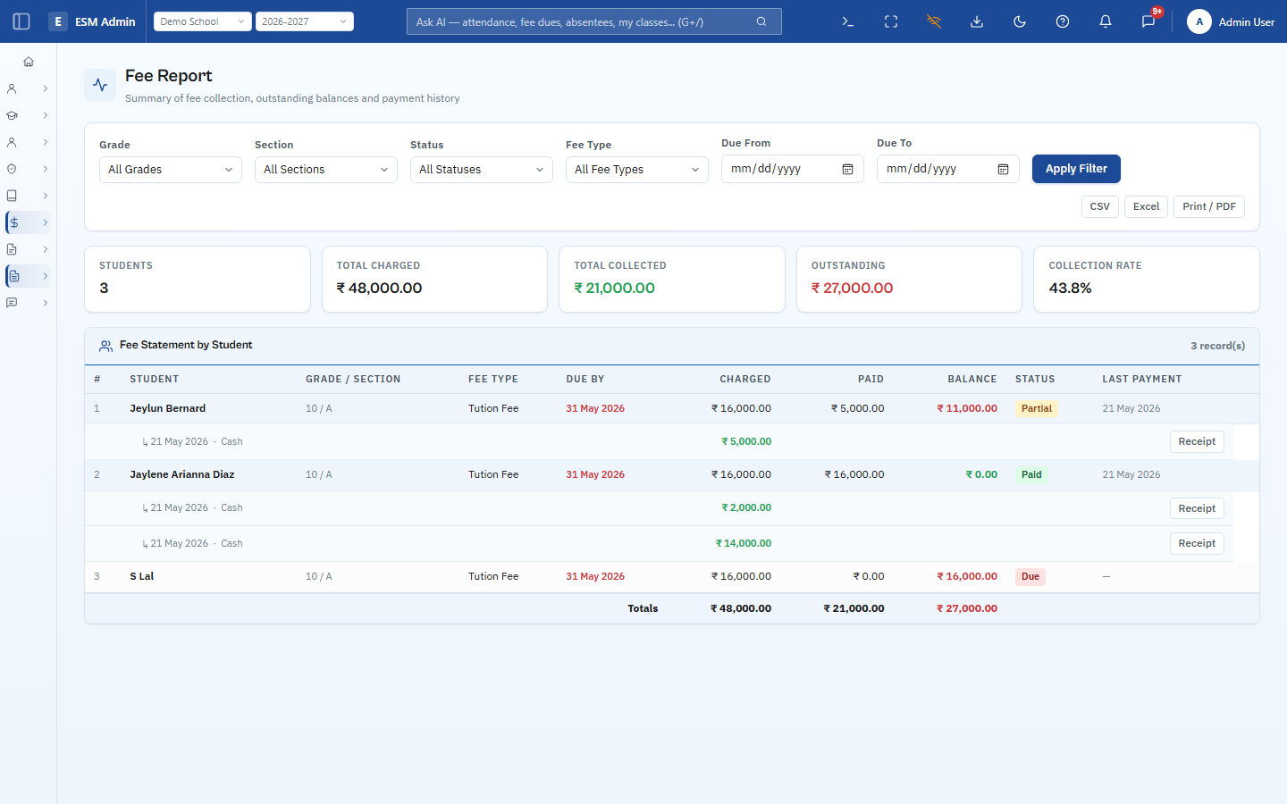 ESM fee report page with per-student collection status and outstanding balances