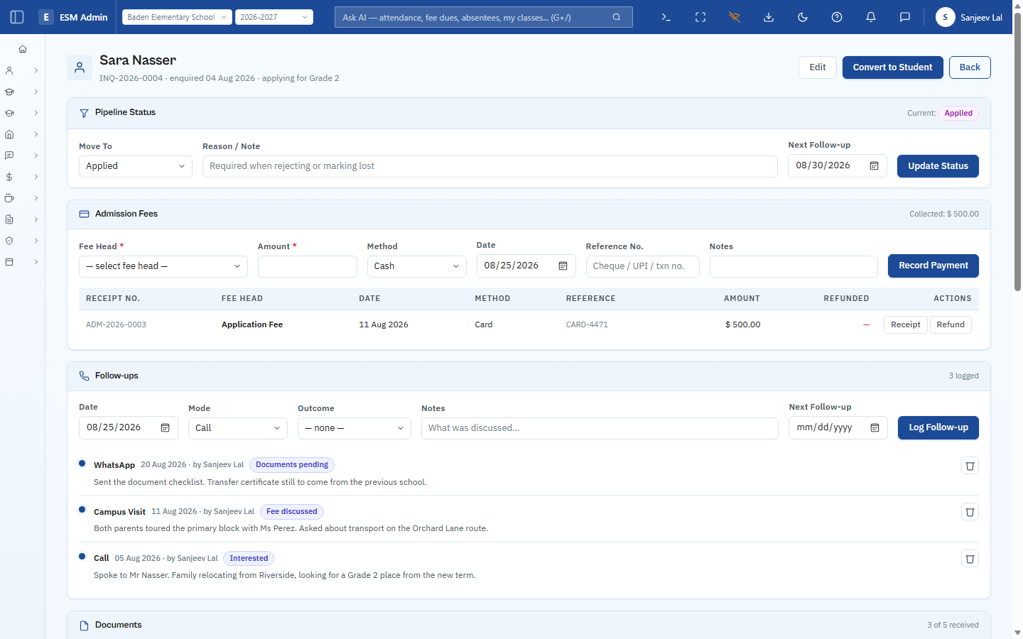 ESM single admission enquiry detail page with pipeline status, fee payment and follow-up log