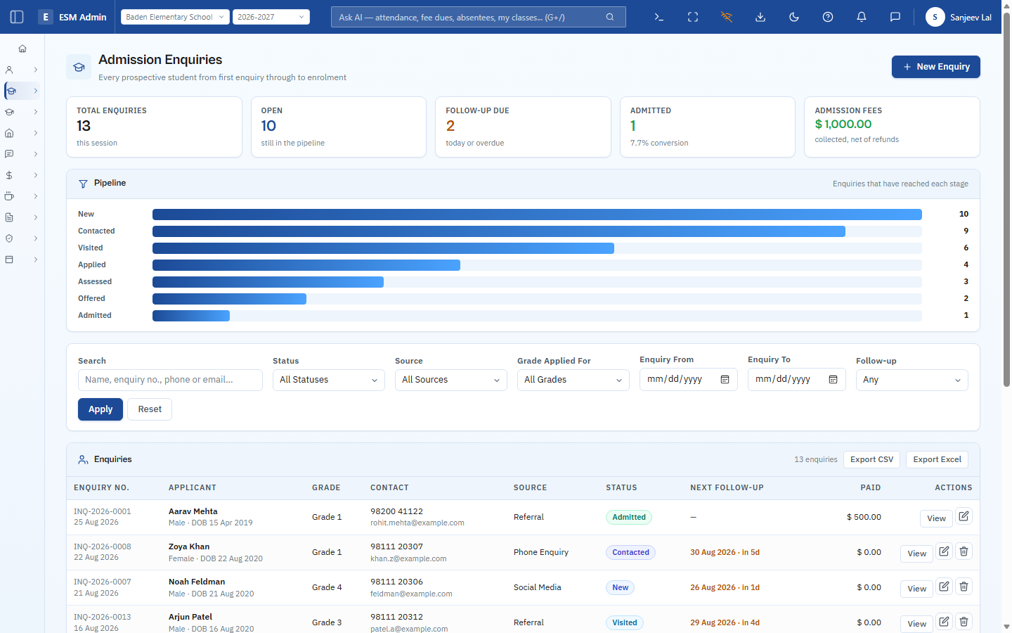 ESM Admission Enquiries list with pipeline funnel and filters