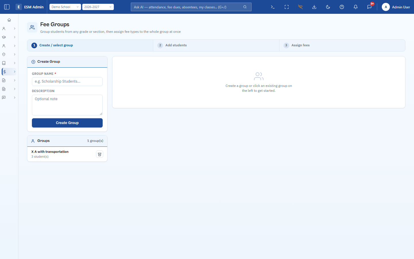 ESM Fee Groups — Create/select group step
