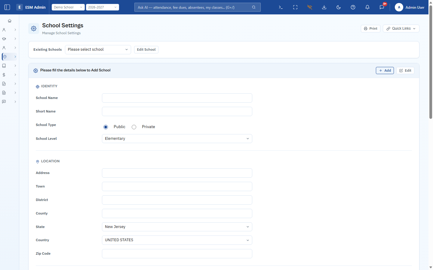 ESM School Settings — Add School form