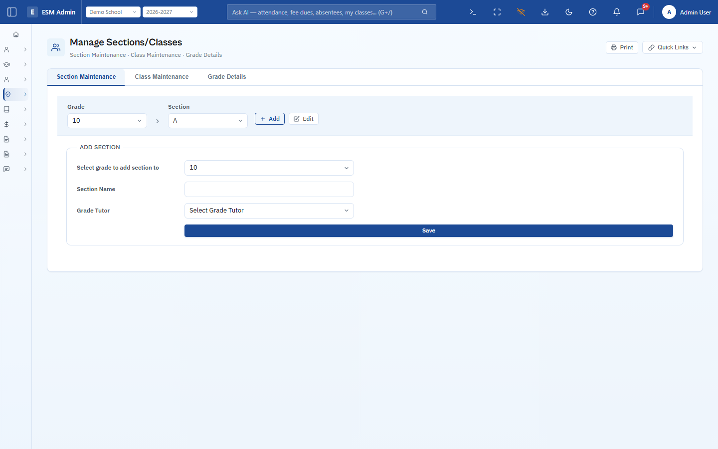 ESM Manage Sections/Classes — Section Maintenance tab