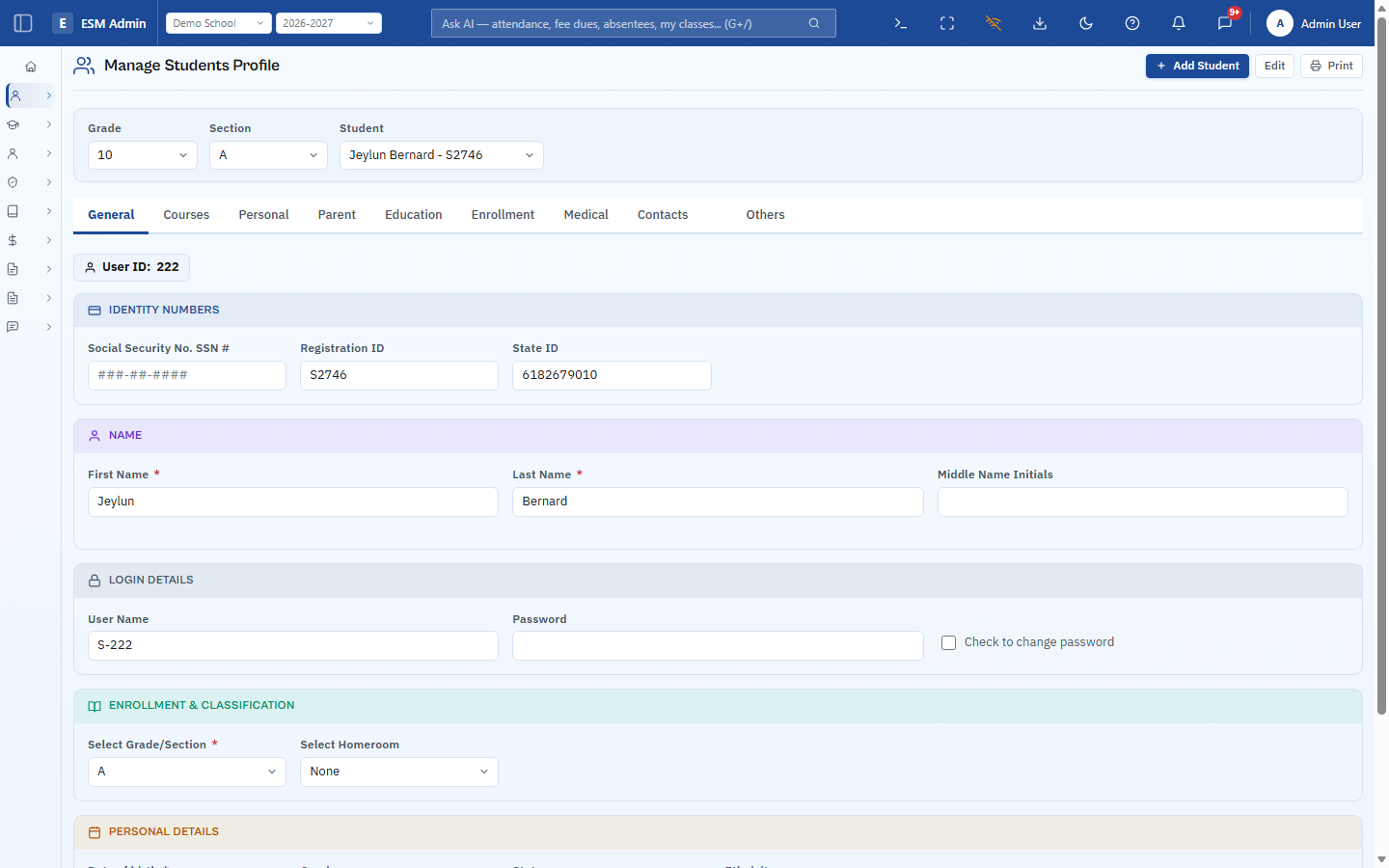 ESM student profile management page with identity, enrollment and classification details