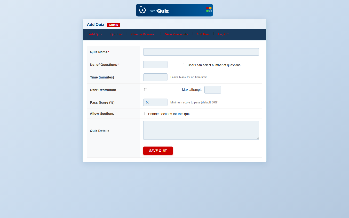 Quiz System — Add Quiz form