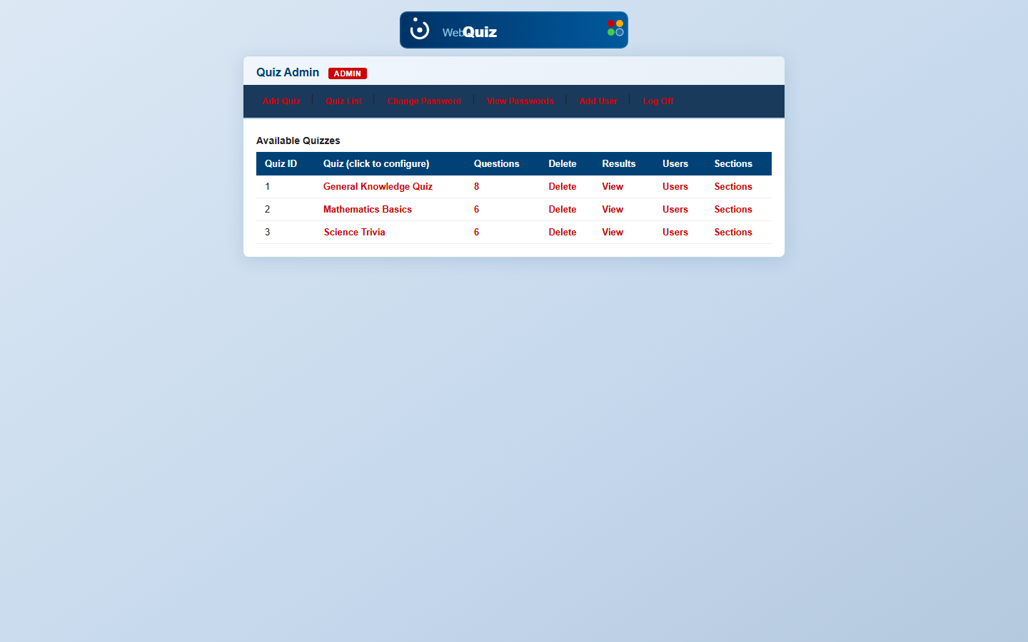 Quiz Admin panel — Available Quizzes list