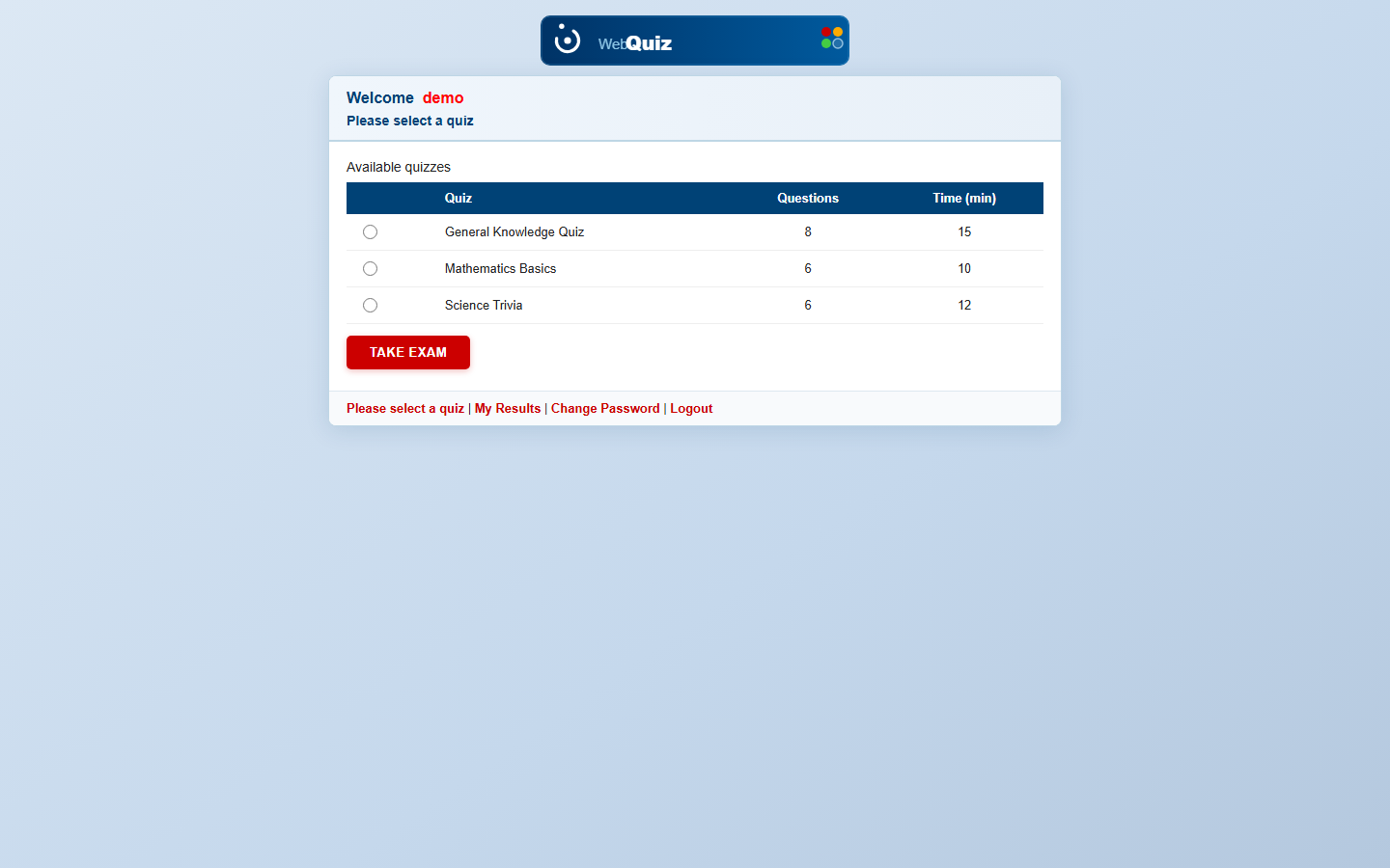 Quiz System — Available quizzes, user view