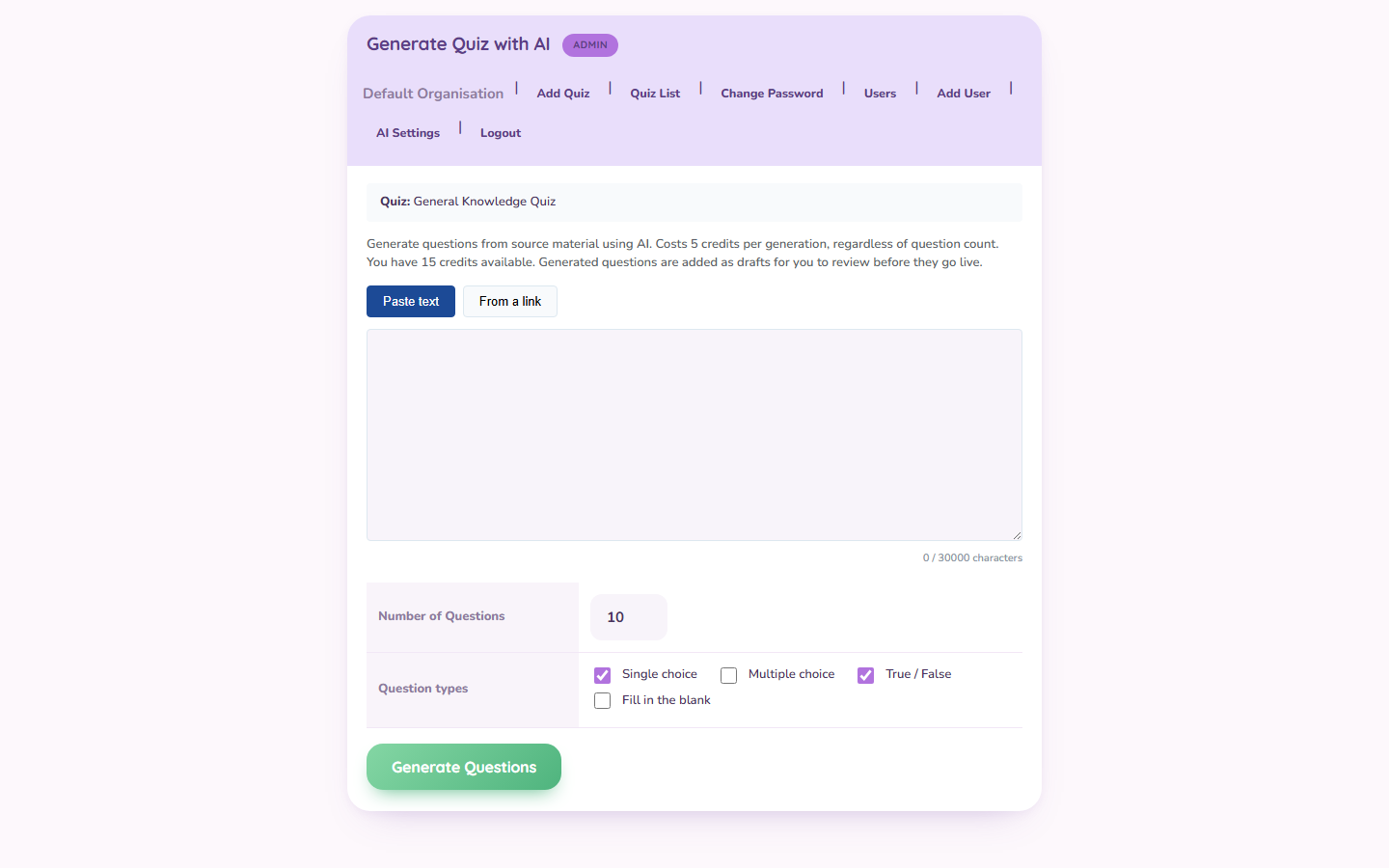 Generate Quiz with AI page — paste text or a link, choose question count and types, generate draft questions