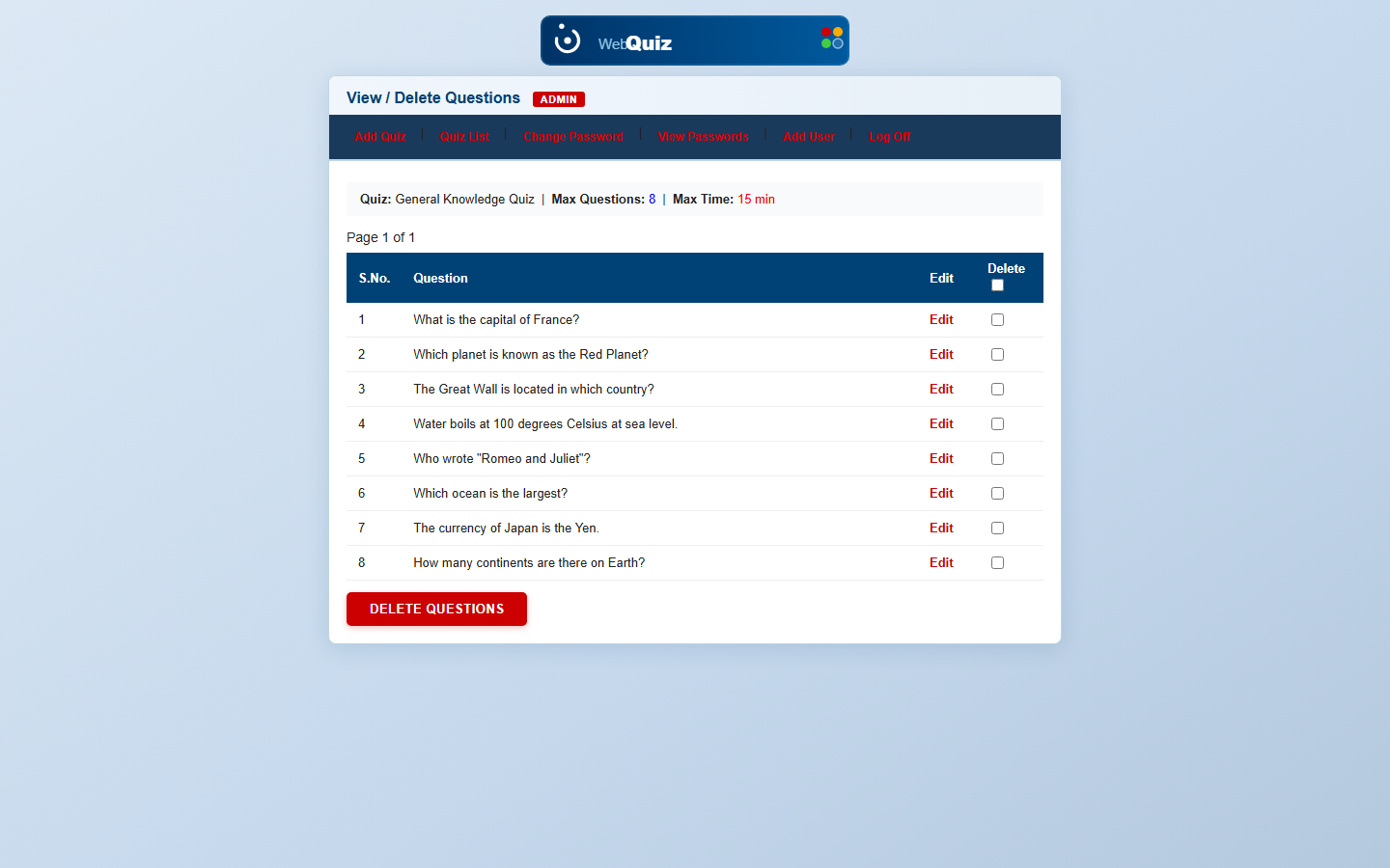 Quiz System — View/Delete Questions