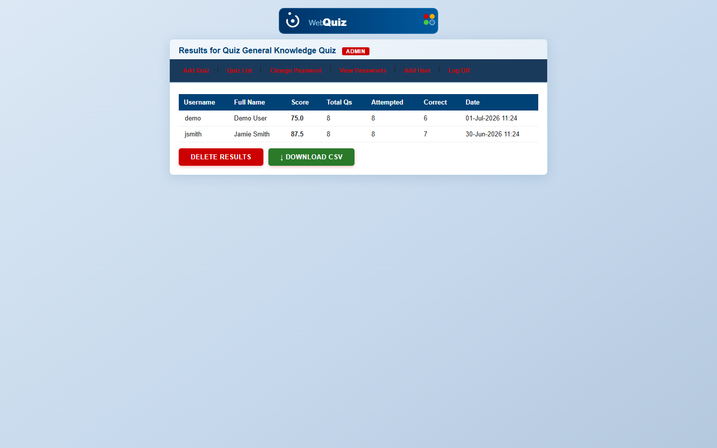 Quiz System — Results for Quiz